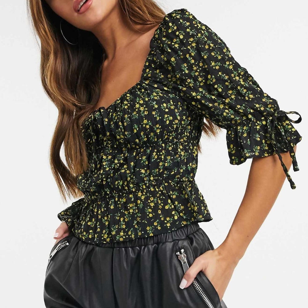 Asos Saint Genie cropped black floral blouse ruffle square neck